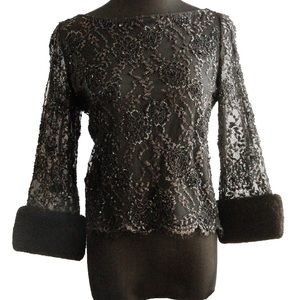 Badgley Mischka Fur-Cuff Sequin Top